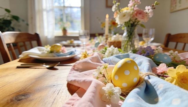 Yellow polka dot egg sitting on pastel linens with spring flowers and sunlit table