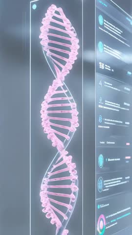 Vertical video presenting animated pink DNA double helix on futuristic lab display with data panel
