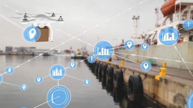 Drone delivering cardboard package in industrial port scene, connected with digital network icons showing data exchange and smart shipping. Ideal for use in articles or campaigns about innovative logistics, global shipping solutions, smart ports, and the use of drones in freight transportation.