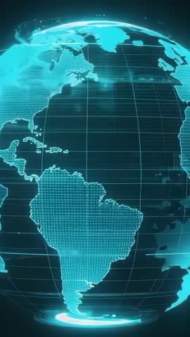 Spinning Cyan Holographic Globe with Grid Overlay and Pulsing Platform, Futuristic UI Loop