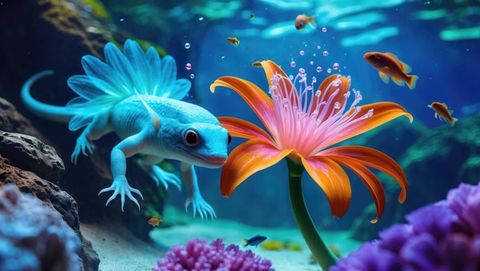 Teal amphibian and pink anemone amidst vibrant underwater ecosystem