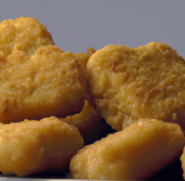 Close-up view of golden, crispy chicken nuggets stacked together. Perfect for use in advertisements for fast food, snack menus, or unhealthy food discussions. Excellent visual aid for blog posts or articles focusing on delicious fried foods.