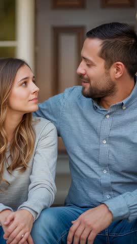 Vertical video of couple leaning and sharing warm smiles on porch stoop, intimate conversation