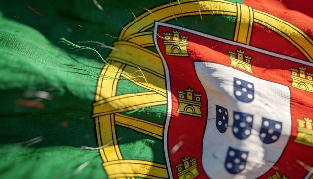 Portuguese flag fluttering with frayed threads, coat of arms and outdoor sparks close-up