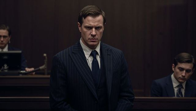 Standing attorney facing courtroom during tense high-stakes trial, pinstripe suit