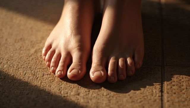 Sunlit bare feet resting on textured brown tile with warm shadows, close-up grout detail