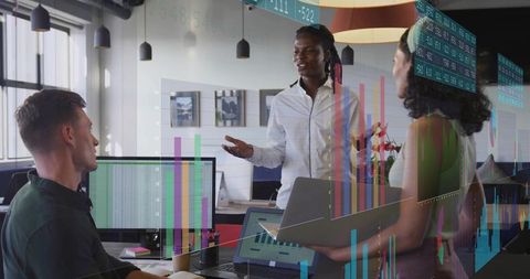 Business Team Presenting Data Analytics Dashboard and Interactive Charts in Modern Office