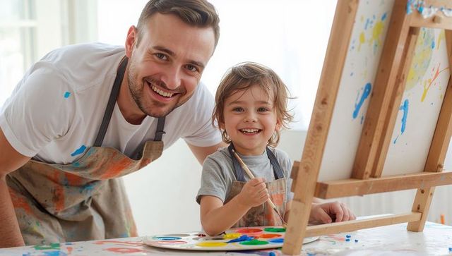 Father and child painting together smiling and creating colorful canvas for family bonding