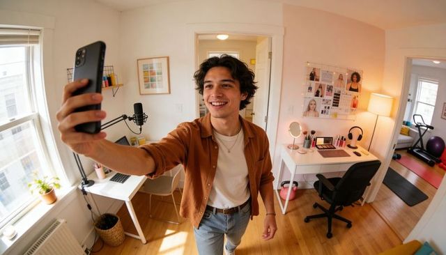 Young creator recording selfie video in sunlit bedroom studio with microphone and desk setup
