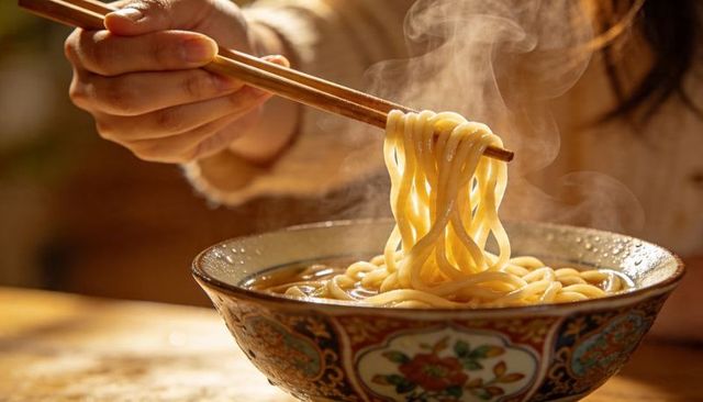 Steaming udon noodles lifted with chopsticks from ornate floral bowl, warm broth and cozy table