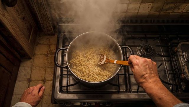Stirring boiling noodles in rustic kitchen with chef attire