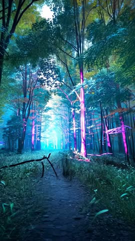 Vertical clip tracking neon forest trail toward cyan clearing with glowing magenta trees