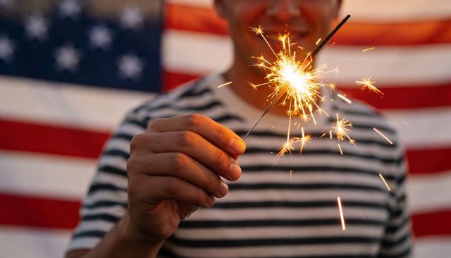 Holding sparkler in front of american flag at dusk, celebrating fourth of july