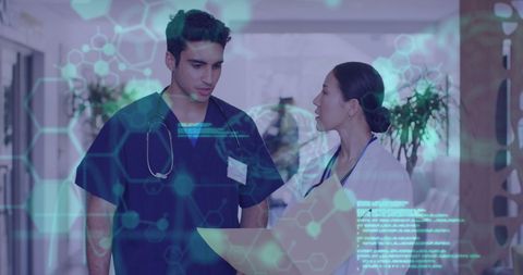 Medical Professionals Analyzing Data with Global Technology Overlay