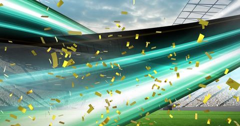 Gold confetti in dynamic stadium with green light trails