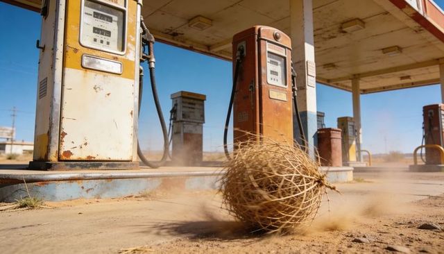 Dusty tumbleweed rolling past vintage gas pumps at abandoned desert station under sunlit canopy
