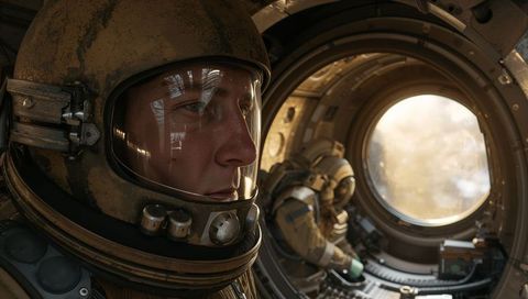 Bronze-helmeted astronaut inside cramped spacecraft cabin inspecting porthole controls