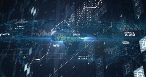 Holographic global map with data analytics overlay, immersive neon telemetry grid and nodes