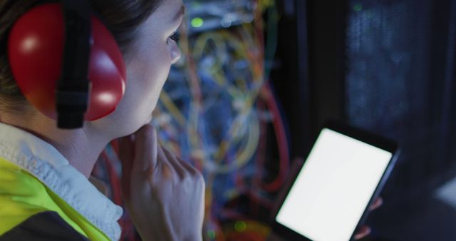 Female engineer in a data center, monitoring systems with a digital tablet. She is wearing safety headphones and a reflective vest in front of server racks with cables. Perfect for themes related to information technology, data management, cybersecurity, and technical professions.