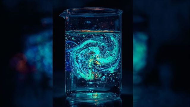 Neon teal vortex swirling in glass beaker on reflective lab table with luminous particles