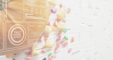 Glossy colorful candies with translucent data dashboard overlay, tech-food concept mockup