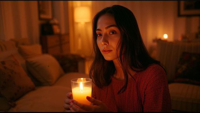 Woman holding lit candle in cozy living room, warm candlelight portrait