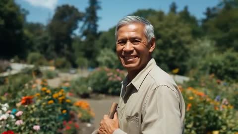 Senior Man Enjoying Relaxing Gardening on Sunny Day