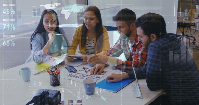 Diverse Team Collaborating on Project in Modern Office with Digital Infographic Overlay - Download Free Stock Images Pikwizard.com