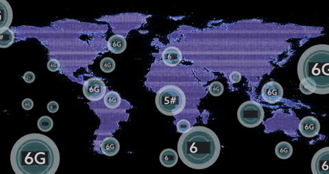 Digital World Map with 5G and 6G Technology Icons Circulating Globally