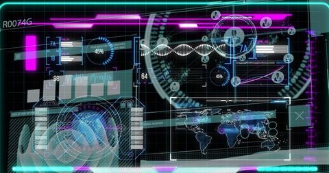 Futuristic global data interface with scientific graphs