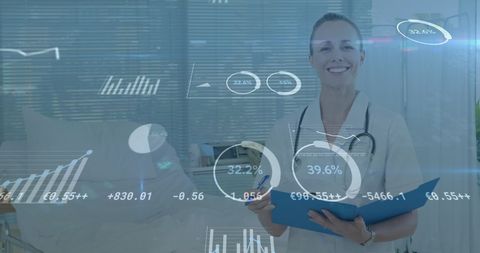 Smiling Doctor Analyzing Medical Data with Financial Graphical Overlay