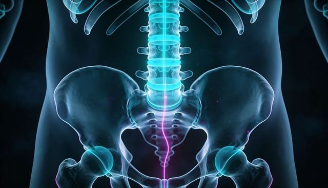 Displaying lower spine and pelvic anatomy highlighting lumbar L1-L5 vertebrae sacrum coccyx