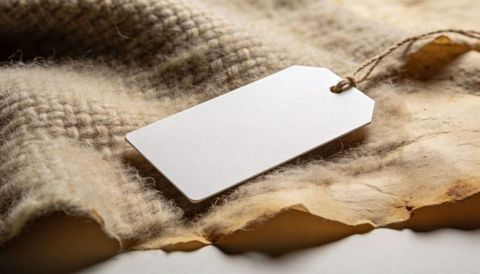Displaying blank price tag on rustic wool fabric with twine, beige knit texture