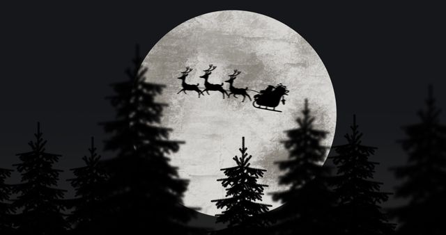 Silhouette of Santa and Reindeer Flying Against Full Moon - Download Free Stock Images Pikwizard.com