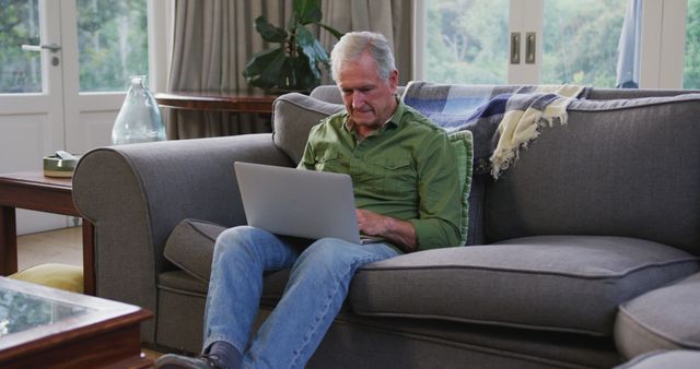 Happy senior caucasian man concentrating, using laptop sitting on sofa in living room. Communication, senior lifestyle and domestic life.
