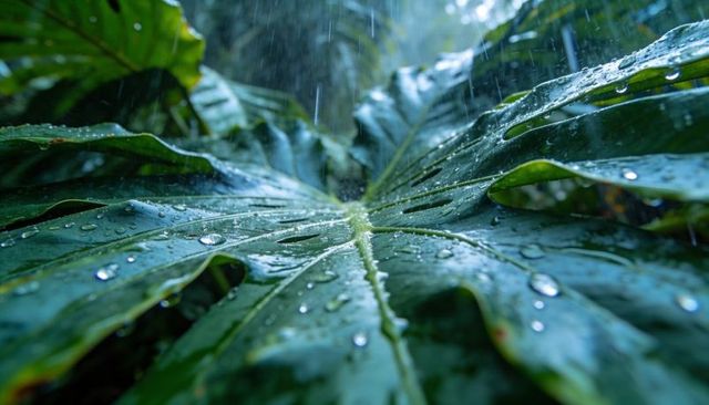Rain-kissed large tropical leaf with shimmering water droplets close-up