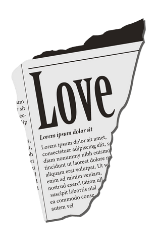 Torn vintage newspaper fragment with love headline on transparent background