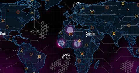 Neon world map visualizing global data pulses and cybersecurity hotspots with ui grid