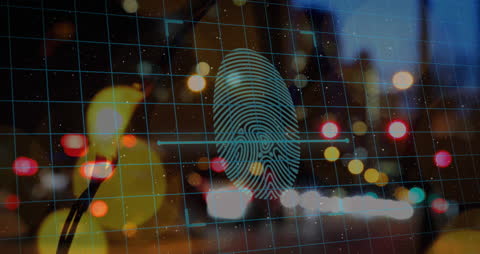 Digital Fingerprint Over Cityscape in Grid Overlay