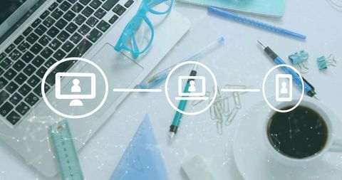 Connecting remote teams through modern workspace with laptop, coffee, stationery and network icons