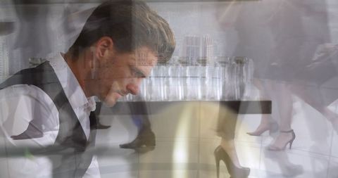 Businessman Reflection with Urban Hustle in Background