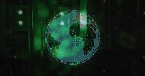 Holographic global network visualization over datacenter servers futuristic neon globe