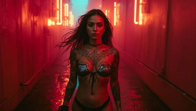 Tattooed model showcasing bold metallic swimwear under neon lights