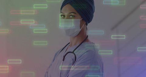 Turbaned Medical Professional with Stethoscope in Futuristic Clinic