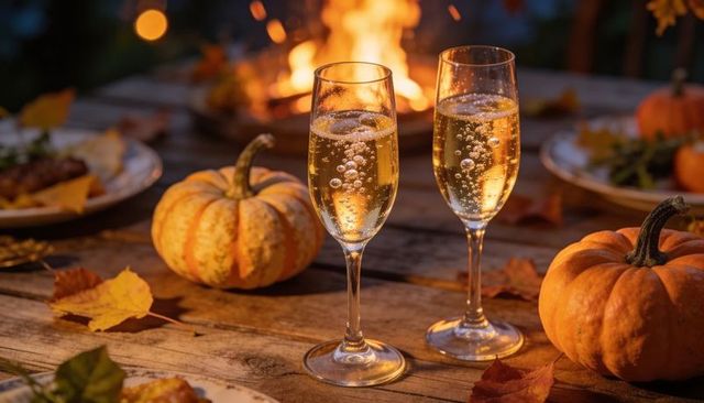 Autumn sparkling wine toast at rustic firelit table with pumpkins and falling leaves