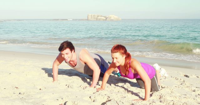 Fit Couple Doing Push-Ups on Beach at Sunrise - Download Free Stock Images Pikwizard.com