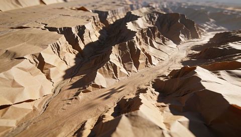 Folded kraft paper topography model featuring textured ridges, valley channel and shadows