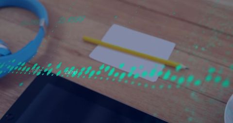 Minimalist workspace with white card and yellow pencil overlaid by teal data wave