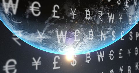 Currency symbols surrounding earth in global finance theme