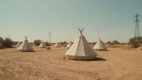 Rustic tipi campground among powerlines and desert